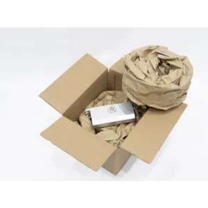 Open-cardboard-box-with-a-small-white-rectangular-device-or-component-nestled-in-crumpled-kraft-paper-packaging-material